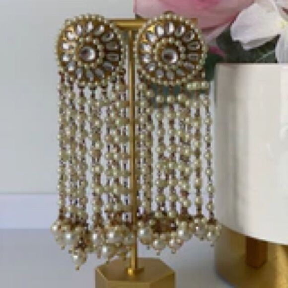 FARWAH ALI KUNDAN PAKISTANI INDIAN PEARL GOLD BRIDAL LARGE EARRINGS - Picture 4 of 5